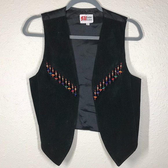 Vintage Black Leather Suede Beaded Open Front Vest - Picture 1 of 7